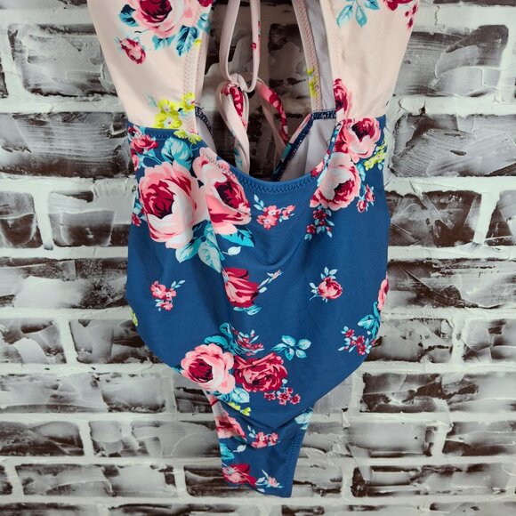 Cupshe XL One Piece Swimsuit Blue Pink Floral Open Front - Picture 4 of 6